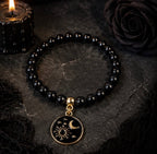 Black and Gold Gothic Halloween Stretch Beaded Bracelet with Charm