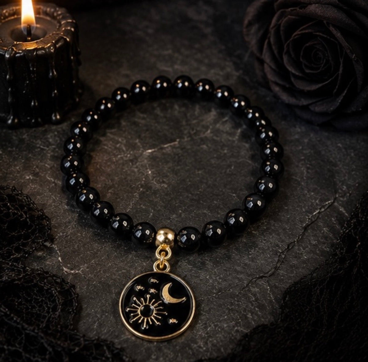 Black and Gold Gothic Halloween Stretch Beaded Bracelet with Charm