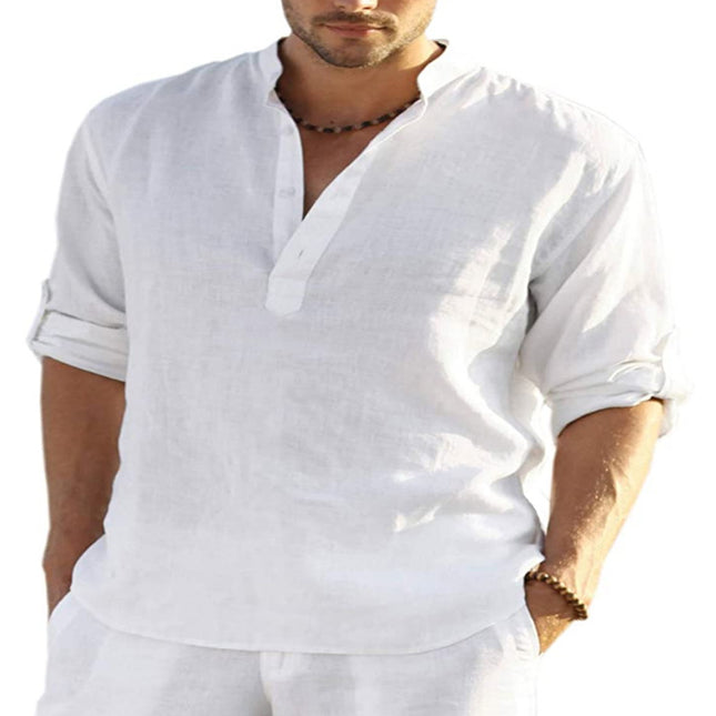 Men's Casual Cotton Linen Solid Color Long Sleeve Shirt Loose Stand Collar - 𝓢𝓱𝓸𝓹𝓵𝓮𝓬𝔂
