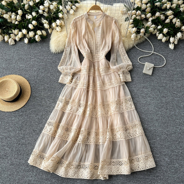 V-neck Lace Patchwork Waist-slimming Long Sleeve Big Hem Dress 