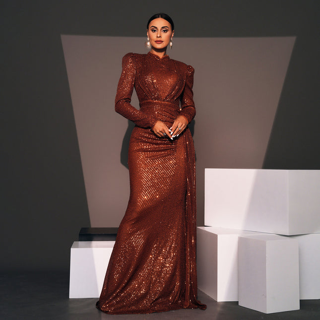 Long Sleeve Round Neck Sexy Slim Long Sequined Banquet Dress - 𝓢𝓱𝓸𝓹𝓵𝓮𝓬𝔂