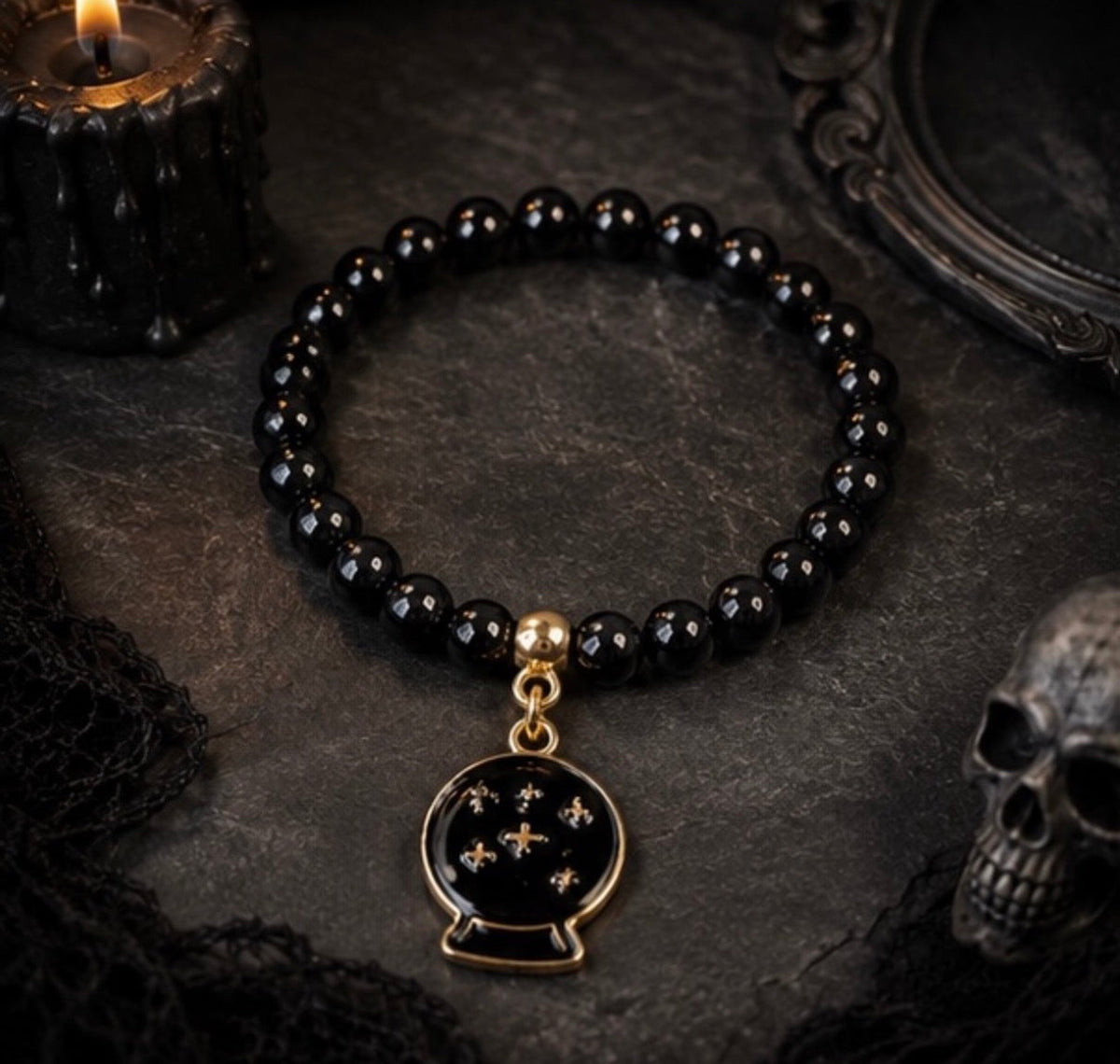 Black and Gold Gothic Halloween Stretch Beaded Bracelet with Charm