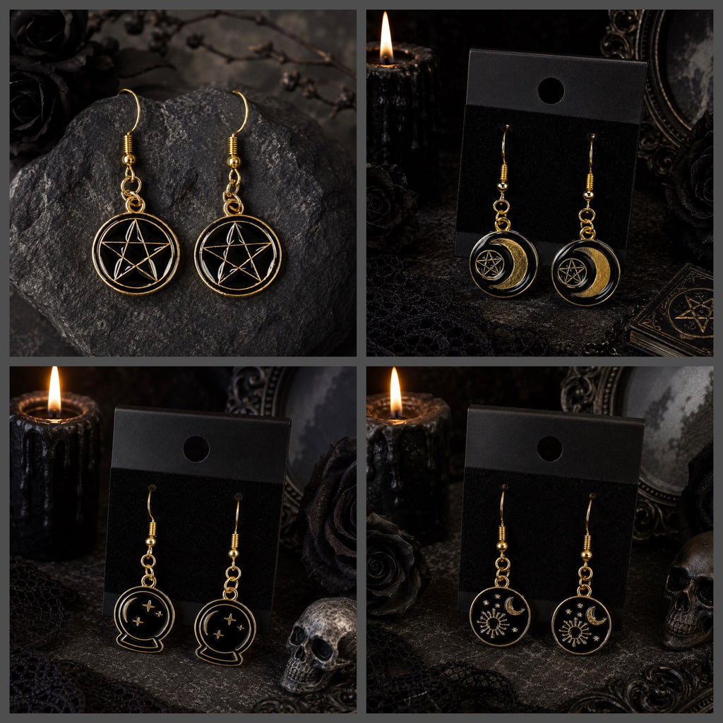 Black and Gold Gothic Halloween Dangle Drop Earrings