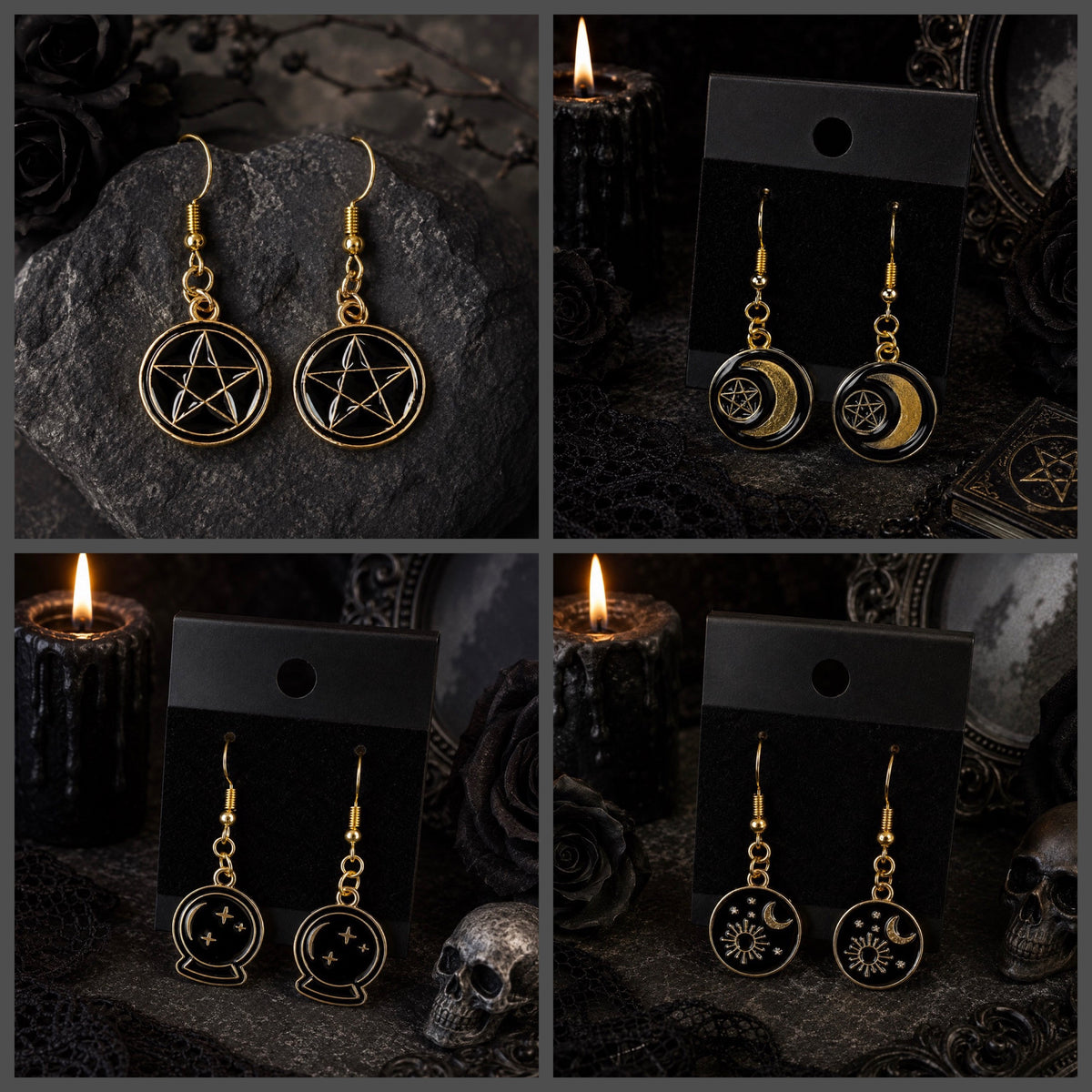 Black and Gold Gothic Halloween Dangle Drop Earrings