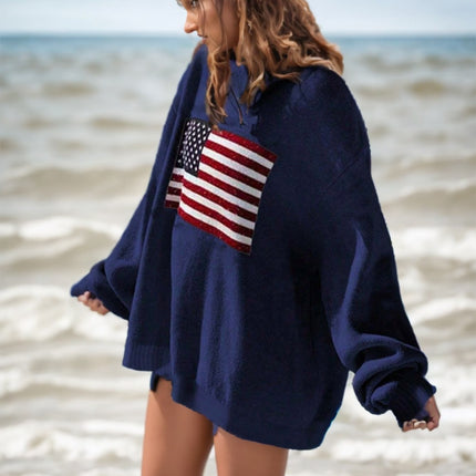 Usa Flag Design Drop Shoulder Sweater,Long Sleeve Tops - 𝓢𝓱𝓸𝓹𝓵𝓮𝓬𝔂