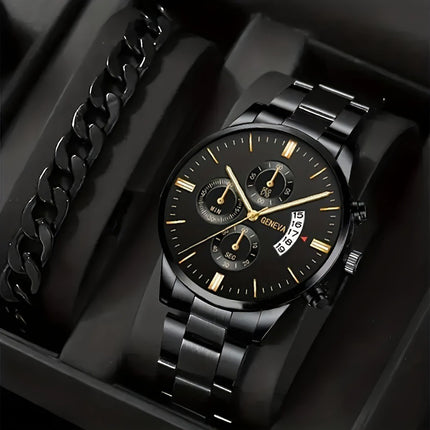 2pcs Men's New Popular Steel Strip Fashion Business Three Eye Quartz Watch Bracelet Set Valentine's Day Gifts - 𝓢𝓱𝓸𝓹𝓵𝓮𝓬𝔂