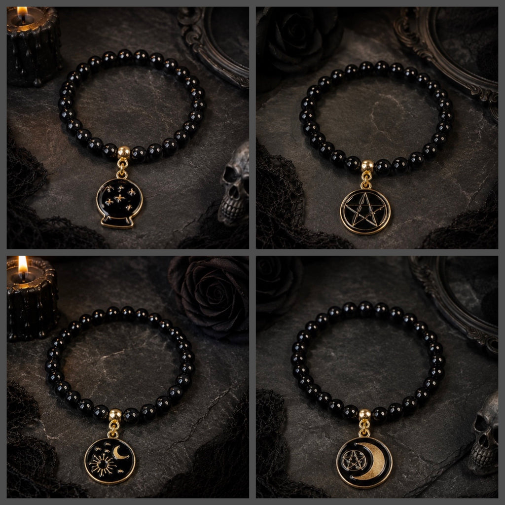 Black and Gold Gothic Halloween Stretch Beaded Bracelet with Charm