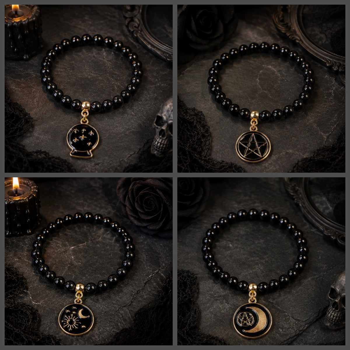 Black and Gold Gothic Halloween Stretch Beaded Bracelet with Charm