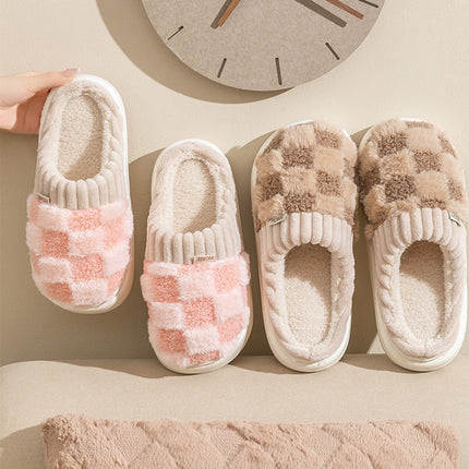 Plaid Plush Slippers Women's Indoor Plush Home Slippers Soft Sole Thick Non-Slip Warm House Shoes Couple Autumn And Winter - 𝓢𝓱𝓸𝓹𝓵𝓮𝓬𝔂