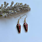 Dark red silver coffin with cross halloween dangle earrings