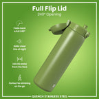 Leak Proof 1 Litre Water Bottle, Stainless Steel, Khaki Green, 1L