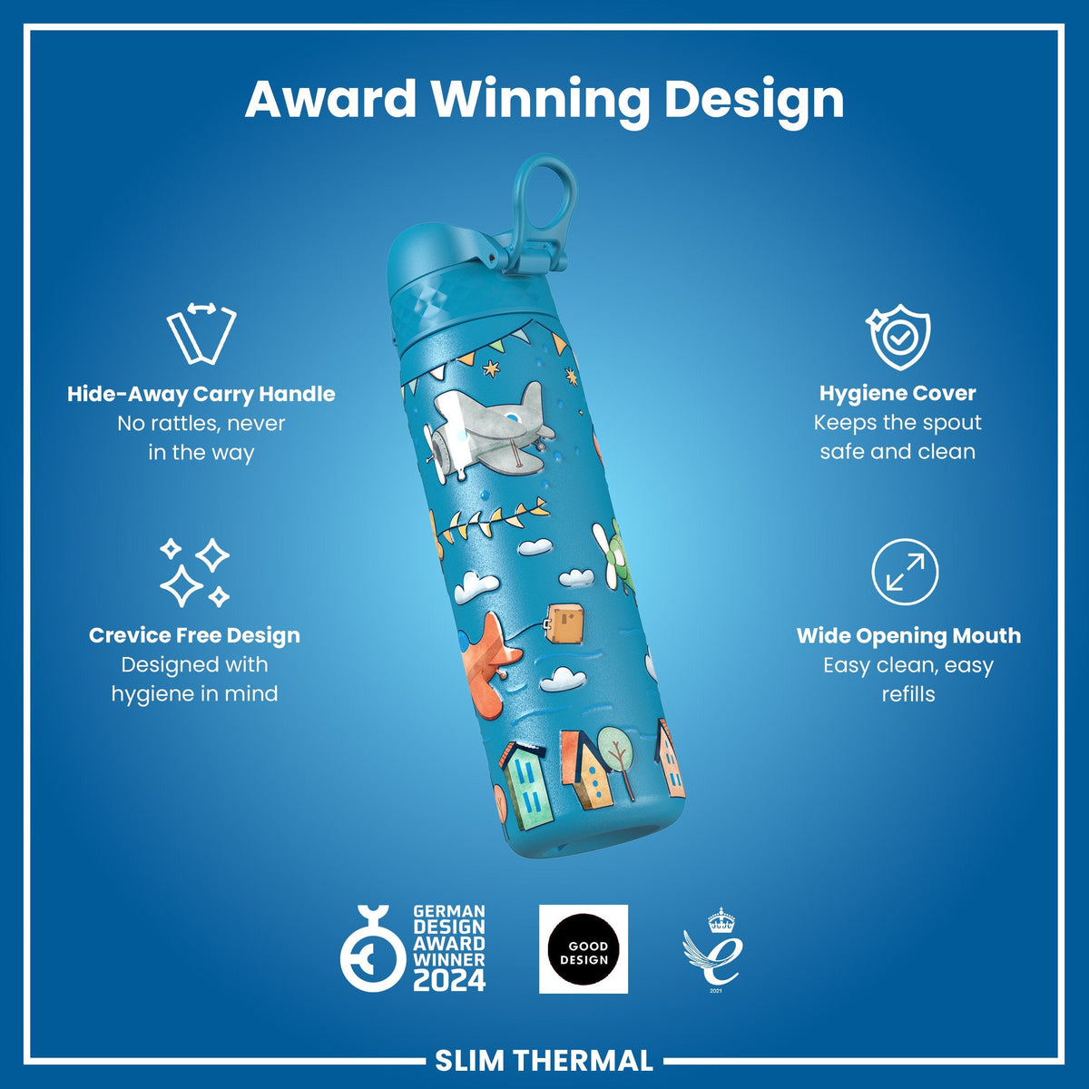 Leak Proof Slim Thermal Water Bottle, Insulated Steel, Airplanes, 500ml (17oz)