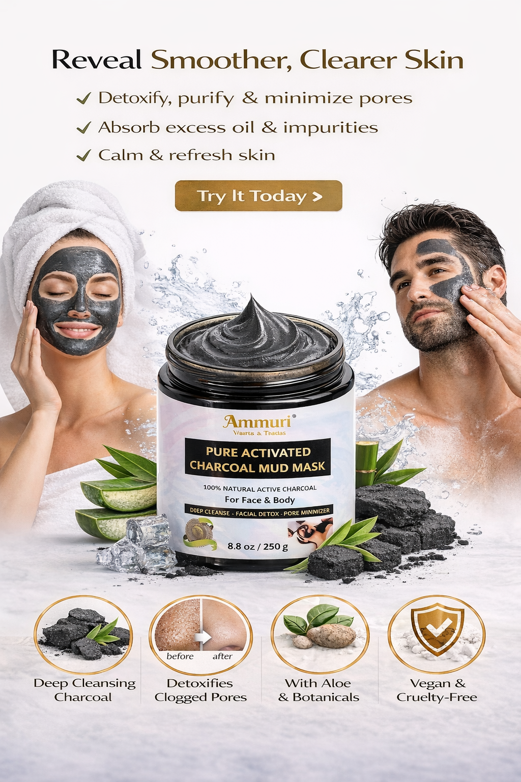 Activated Charcoal Mud Mask for Face & Body | Ammuri