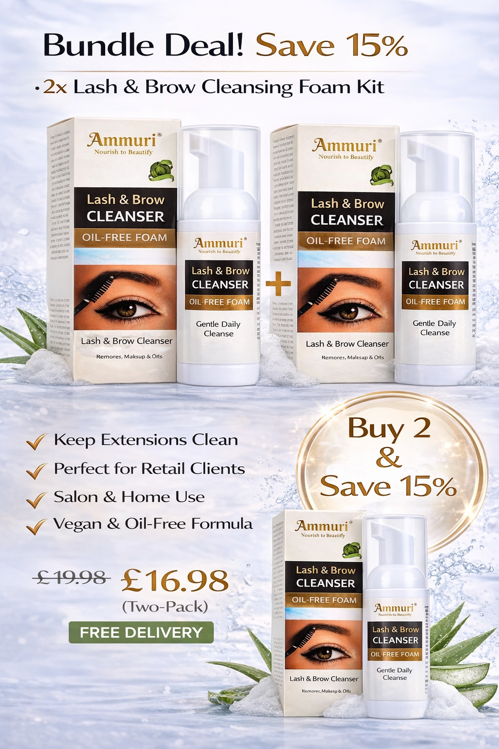 Eyelash Extension Shampoo & Lash/Brow Cleansing Kit | Ammuri