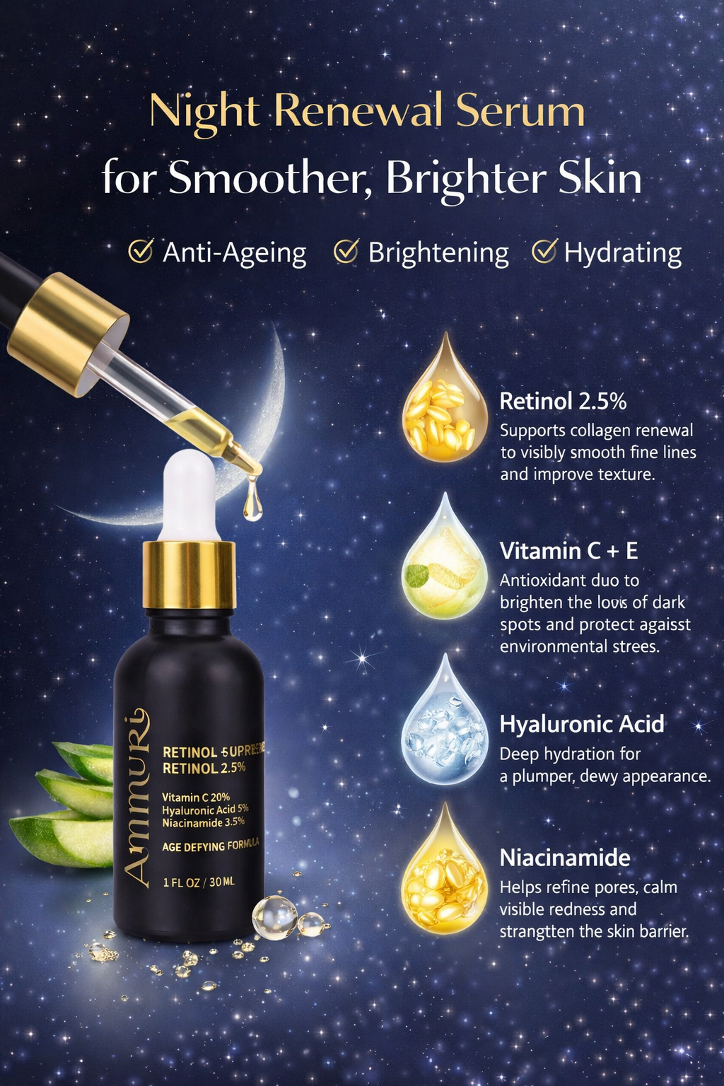 Retinol Supreme 2.5% Serum with Hyaluronic Acid & Niacinamide | Ammuri