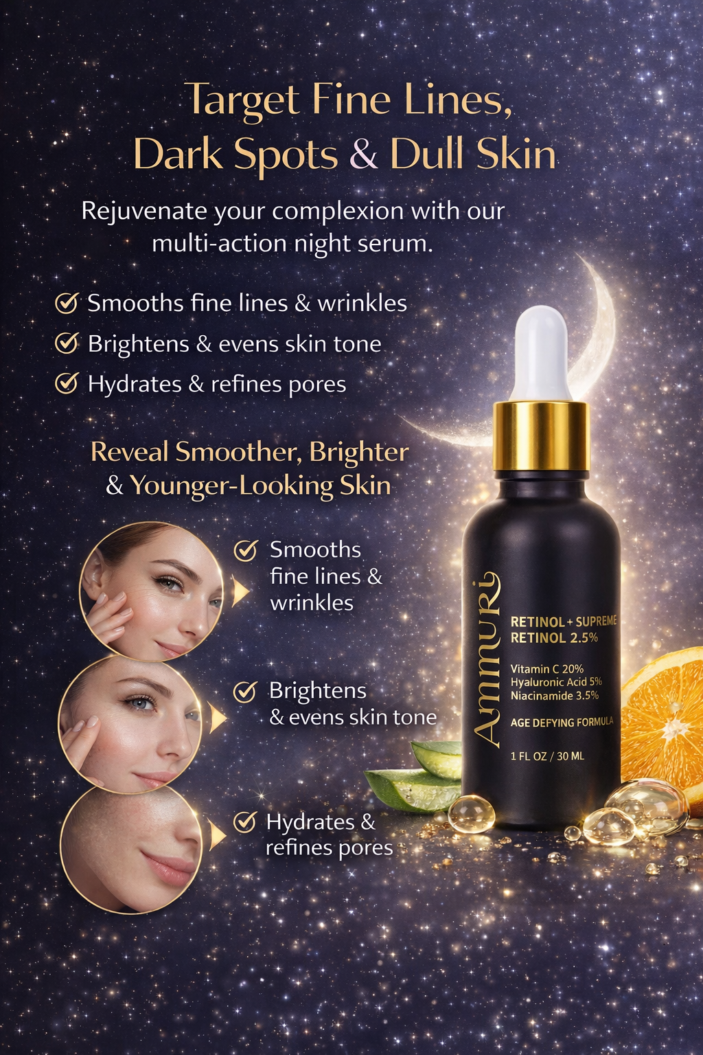 Retinol Supreme 2.5% Serum with Hyaluronic Acid & Niacinamide | Ammuri