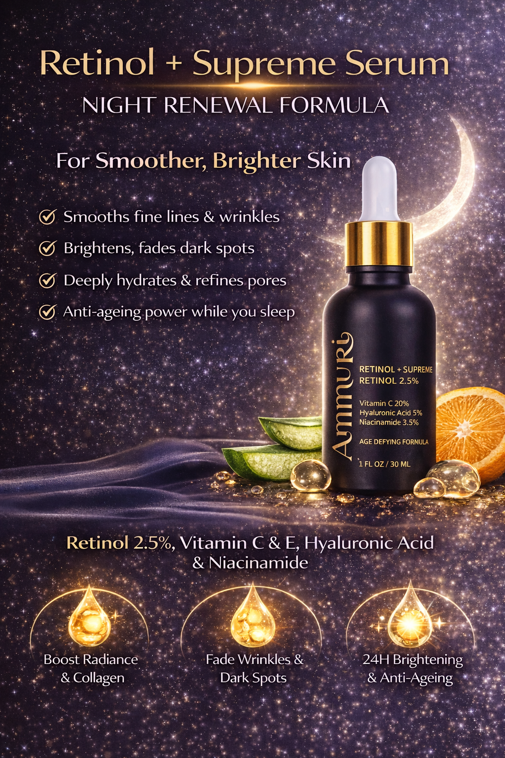 Retinol Supreme 2.5% Serum with Hyaluronic Acid & Niacinamide | Ammuri