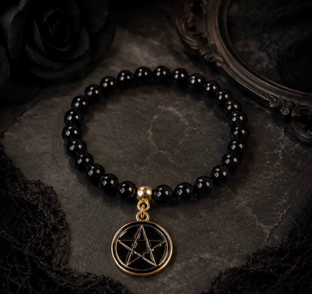 Black and Gold Gothic Halloween Stretch Beaded Bracelet with Charm