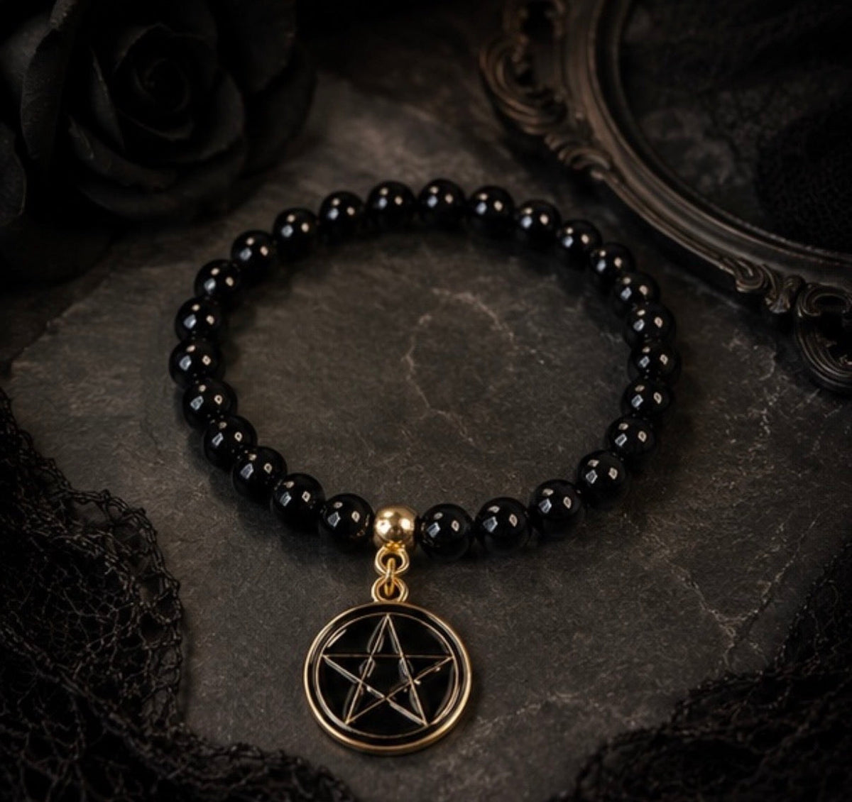 Black and Gold Gothic Halloween Stretch Beaded Bracelet with Charm