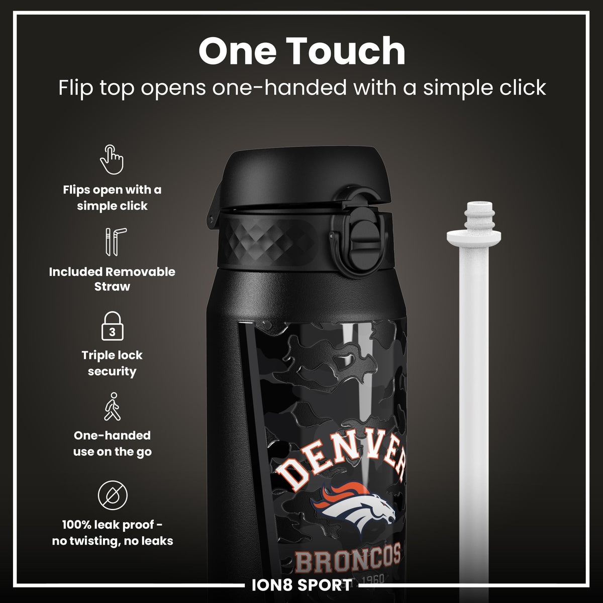NFL x ION8 Insulated Steel Water Bottle, NFL Broncos, 750ml (24oz)