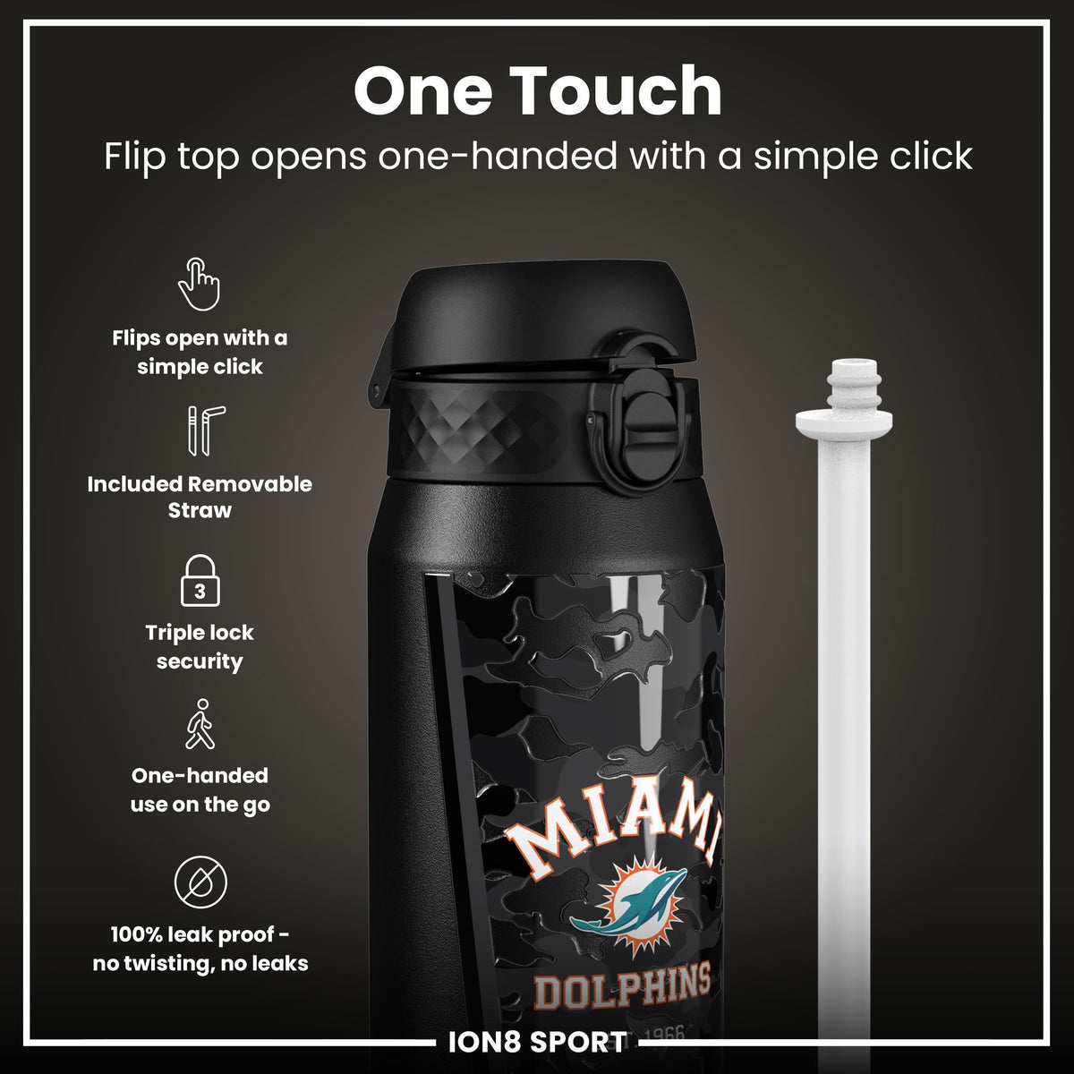 NFL x ION8 Insulated Steel Water Bottle, NFL Dolphins, 750ml (24oz)