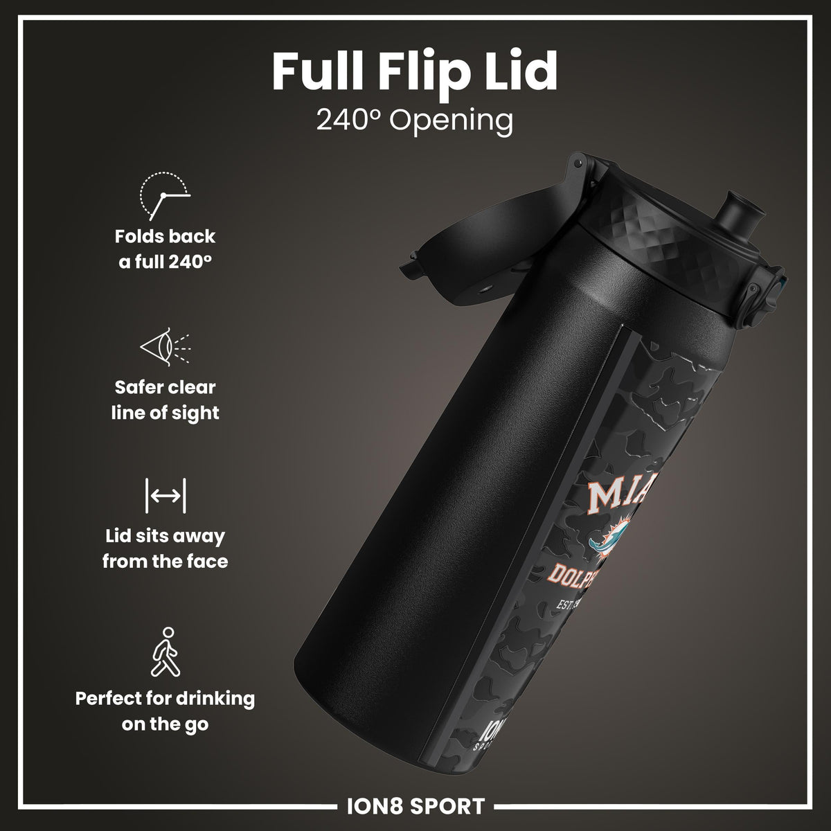 NFL x ION8 Insulated Steel Water Bottle, NFL Dolphins, 750ml (24oz)