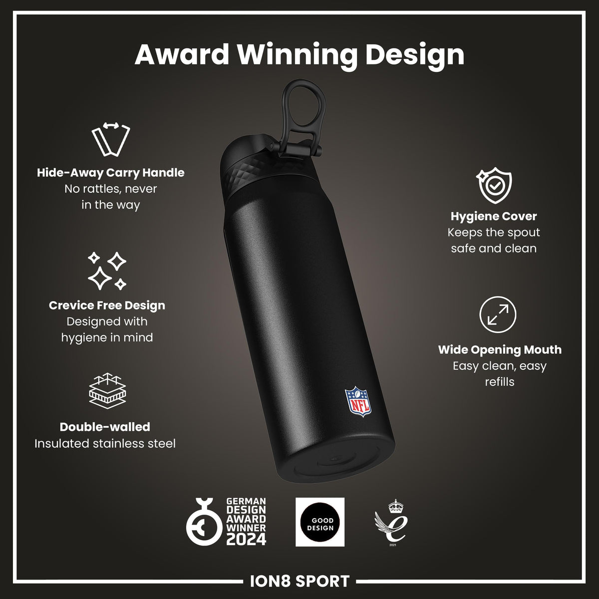 NFL x ION8 Insulated Steel Water Bottle, NFL Vikings, 750ml (24oz)