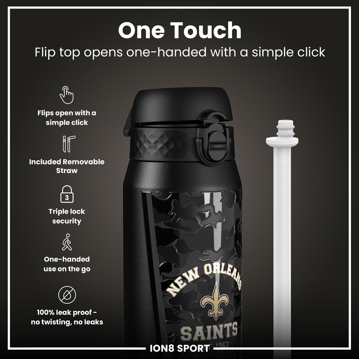 NFL x ION8 Insulated Steel Water Bottle, NFL Saints, 750ml (24oz)