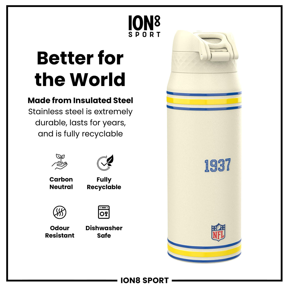 NFL x ION8 Insulated Steel Water Bottle, NFL Rams, 750ml (24oz)