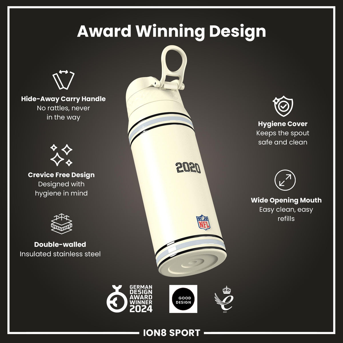 NFL x ION8 Insulated Steel Water Bottle, NFL Raiders, 750ml (24oz)