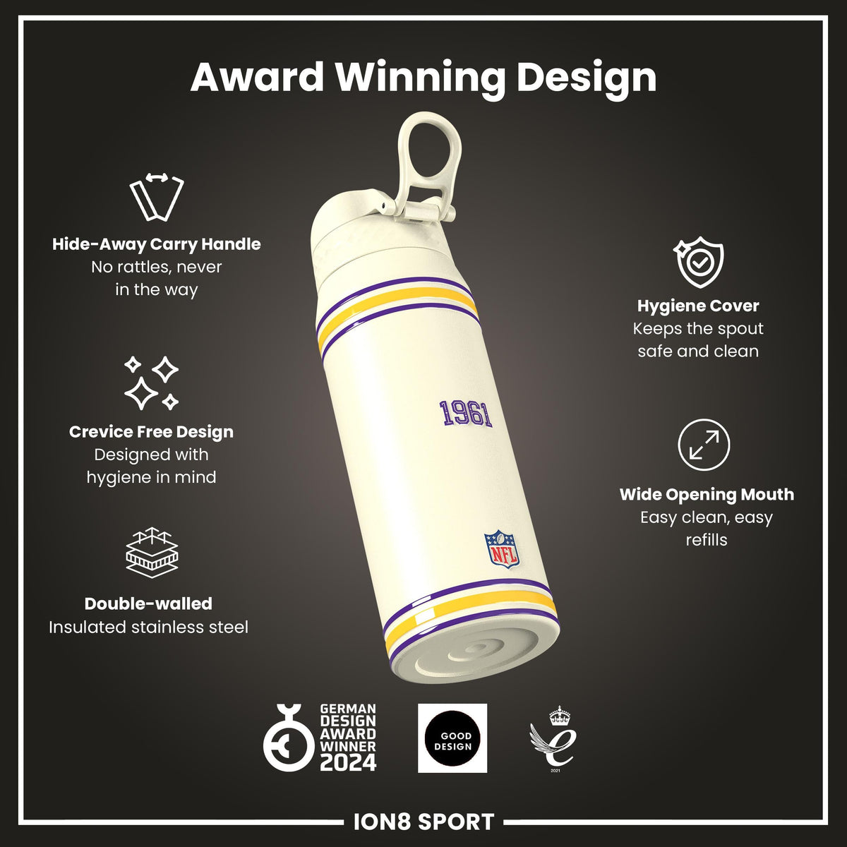 NFL x ION8 Insulated Steel Water Bottle, NFL Vikings, 750ml (24oz)