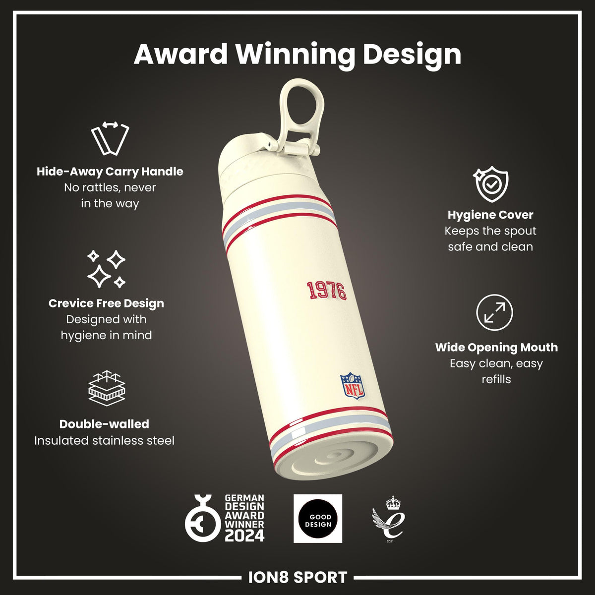 NFL x ION8 Insulated Steel Water Bottle, NFL Buccaneers, 750ml (24oz)