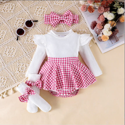 Sunken Stripe Long Sleeve Stitching Houndstooth Skirt One-piece Romper - 𝓢𝓱𝓸𝓹𝓵𝓮𝓬𝔂