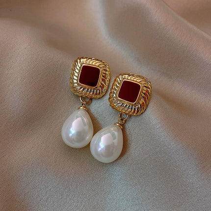 Retro Wine Red Pearl Earrings For Women Hong Kong Style - 𝓢𝓱𝓸𝓹𝓵𝓮𝓬𝔂