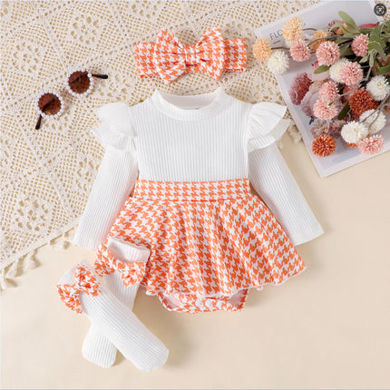 Sunken Stripe Long Sleeve Stitching Houndstooth Skirt One-piece Romper - 𝓢𝓱𝓸𝓹𝓵𝓮𝓬𝔂