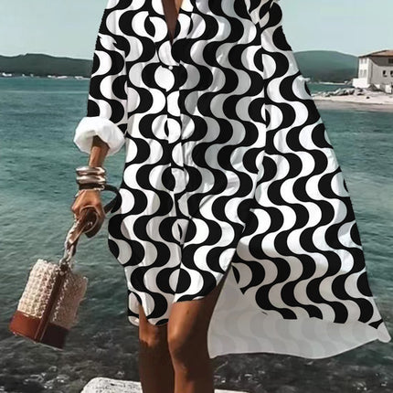Women's Loose Digital Printing Long-sleeved Lapel Shirt Dress - 𝓢𝓱𝓸𝓹𝓵𝓮𝓬𝔂