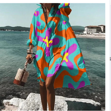 Women's Loose Digital Printing Long-sleeved Lapel Shirt Dress - 𝓢𝓱𝓸𝓹𝓵𝓮𝓬𝔂