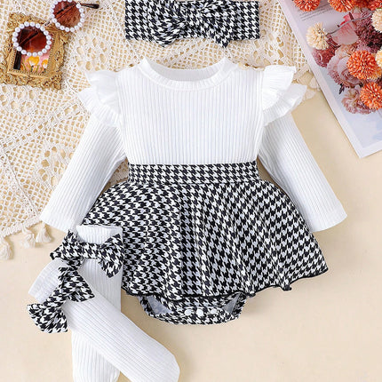 Sunken Stripe Long Sleeve Stitching Houndstooth Skirt One-piece Romper - 𝓢𝓱𝓸𝓹𝓵𝓮𝓬𝔂