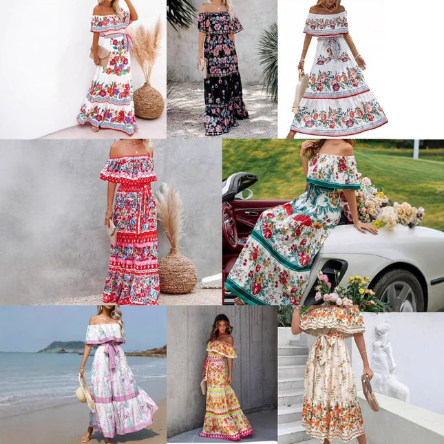 Summer European And American Off-shoulder Printing Belt Long Large Hem Dress - 𝓢𝓱𝓸𝓹𝓵𝓮𝓬𝔂