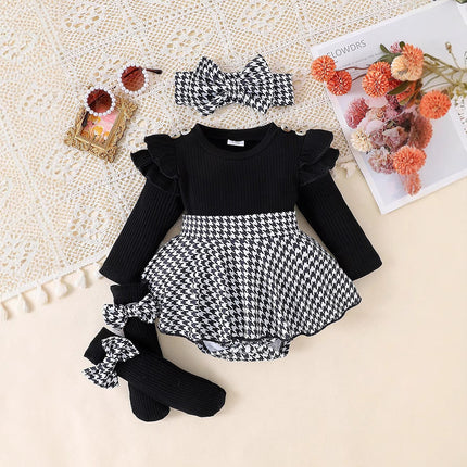 Sunken Stripe Long Sleeve Stitching Houndstooth Skirt One-piece Romper - 𝓢𝓱𝓸𝓹𝓵𝓮𝓬𝔂