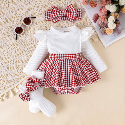 Sunken Stripe Long Sleeve Stitching Houndstooth Skirt One-piece Romper - 𝓢𝓱𝓸𝓹𝓵𝓮𝓬𝔂