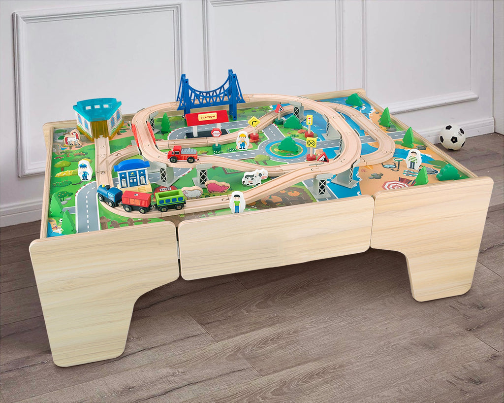 Wooden Train Track Set with Play Table & Storage - 80 Pieces