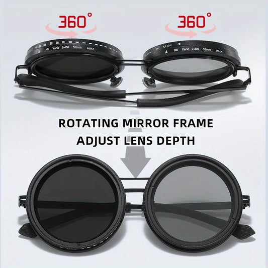 Vintage-Inspired Round Frame Glasses with Black Lenses - Adjustable, Color-Changing, Stainless Steel Temples