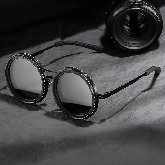 Vintage-Inspired Round Frame Glasses with Black Lenses - Adjustable, Color-Changing, Stainless Steel Temples