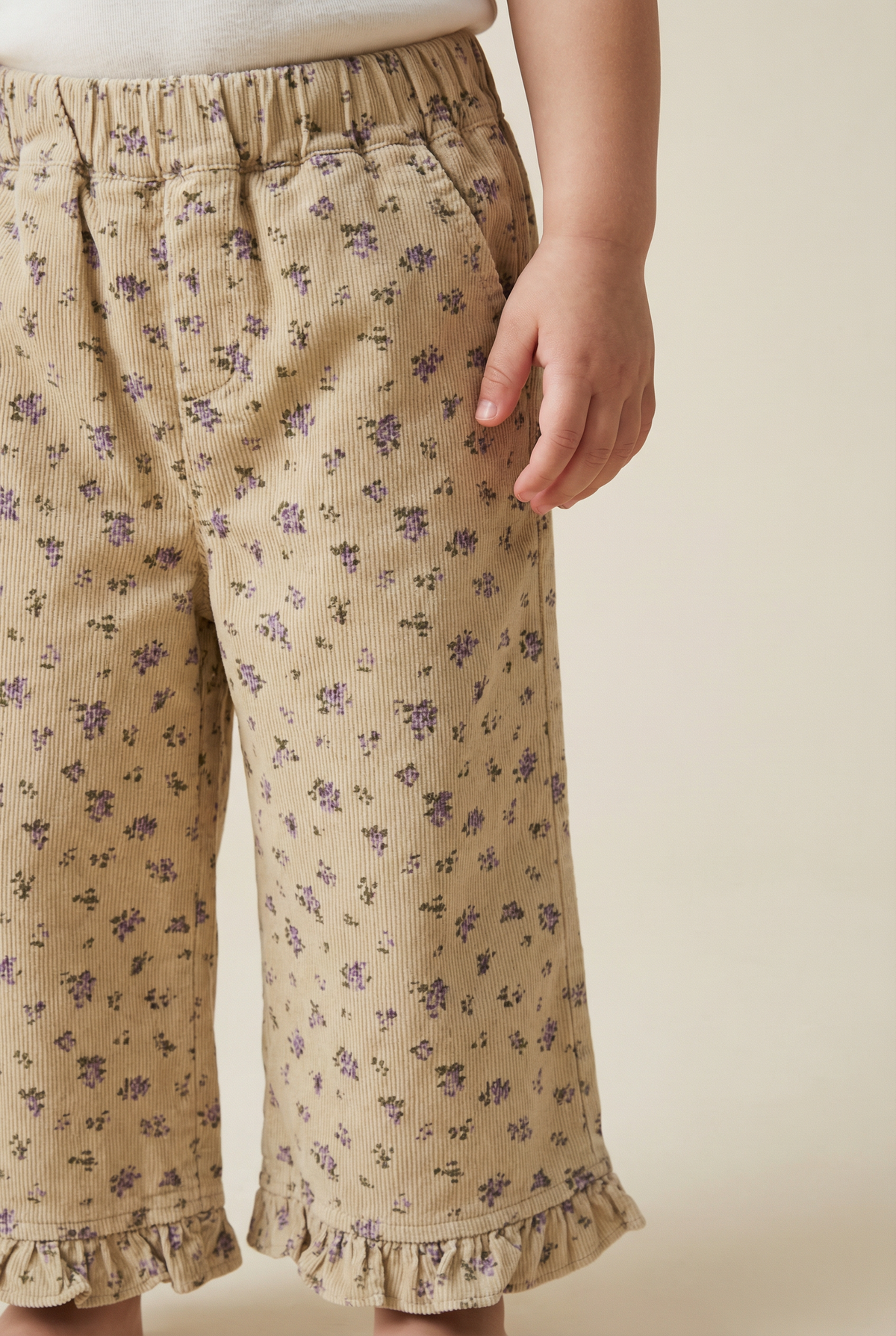 Beige Floral Corduroy Ruffle Hem Trousers