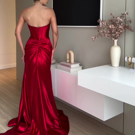 Tube Top Slit Red Extra Long Evening Dress - 𝓢𝓱𝓸𝓹𝓵𝓮𝓬𝔂