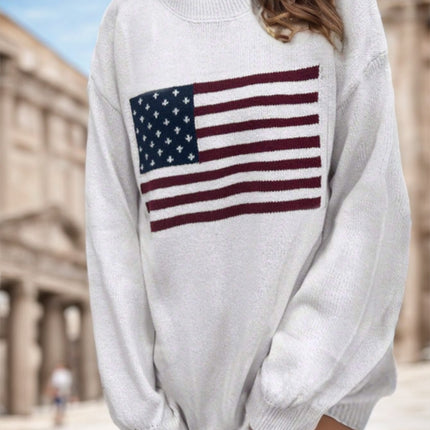 Usa Flag Design Drop Shoulder Sweater,Long Sleeve Tops - 𝓢𝓱𝓸𝓹𝓵𝓮𝓬𝔂