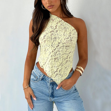 Ins Lace Backless Top Summer Solid Color Waistless Asymmetrical Sloped Neck Vest Streetwear Womens Clothes - 𝓢𝓱𝓸𝓹𝓵𝓮𝓬𝔂