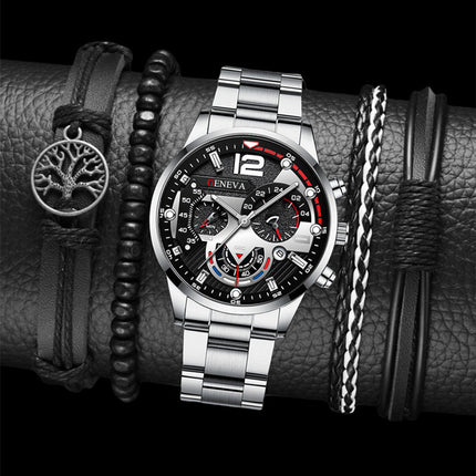 2pcs Men's New Popular Steel Strip Fashion Business Three Eye Quartz Watch Bracelet Set Valentine's Day Gifts - 𝓢𝓱𝓸𝓹𝓵𝓮𝓬𝔂