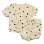 Beige Waffle Teddy Print Top & Shorts Set